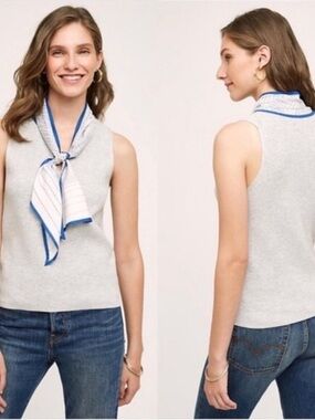 Anthropologie Sleeveless Gray Knit Top with Blue-Trim Scarf